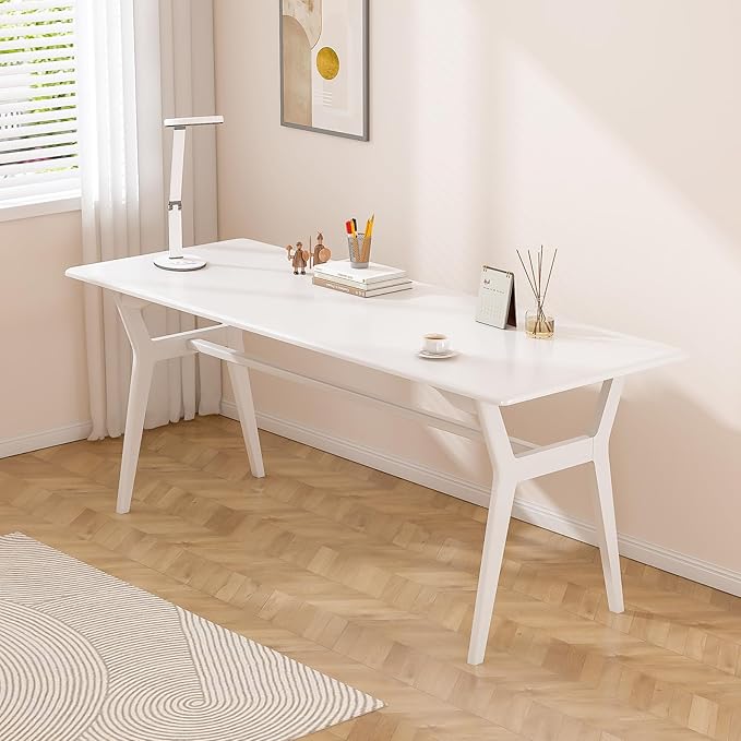 OSCHF Solid Wood Study Desk - 63" Double Long Computer Table for Home Office, 2-Person PC Workstation, White