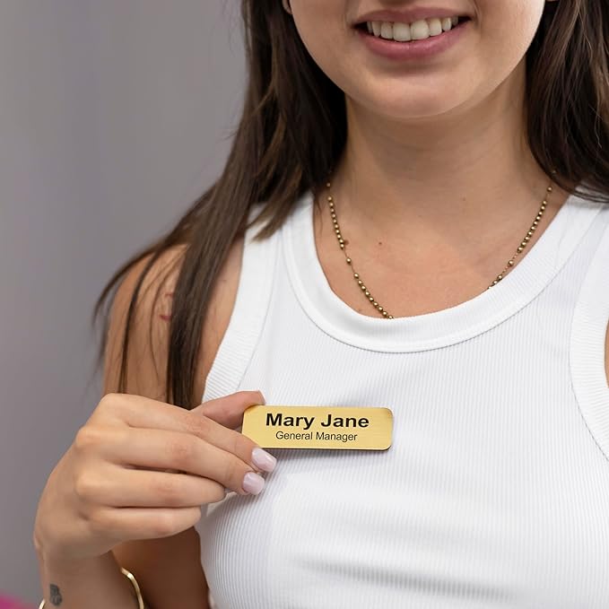 Custom Engraved ID Name Tag Badges Identification Personalized with Text & Logos, Metal Name for Clothing with Pin or Magnetic Backing Plates for Business and Employees (Only Text)