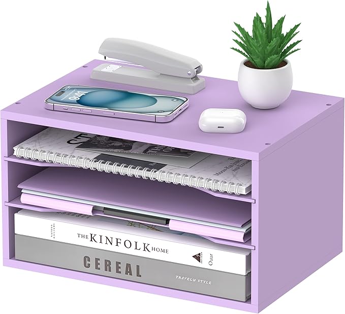 SHARKWOODS Wood Desk Organizer, 3 Tier Paper Tray Organizer for Desk with Adjustable Storage Shelves, Desktop File Organization Paper Sorter Mail Holder for Office Home Classroom, Purple