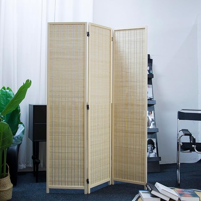 Furnnylane 3 Panel Room Divider and Folding Panel Screen,Bamboo Panel Divider Screen for Room Separation,Beige,67" H x 46" W