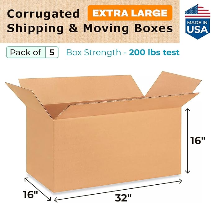 Extra Large Shipping & Moving Boxes 32 x 16 x 16 inches (5-Pack) - Extra Strength 200 lb vs Regular - Corrugated Heavy Duty Moving Boxes - Durable Cardboard Moving Box - Large Box by IDL Packaging