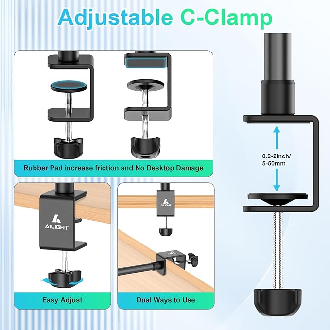 Ailight Camera Desk Mount Webcam Stand, Adjustable Table Camera Stand with 1/4" Screw & C Clamp Overhead Tripod Webcam Mount for Logitech Obsbot insta360 Anker and Others
