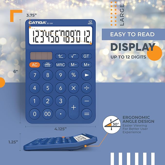 CATIGA 12 Digit Desktop Calculator Basic Desk Calculator with Large LCD Display, Big Buttons, 4 Function, Solar and Battery Dual Power, for Office, School, Home, SD-1292 Navy Blue