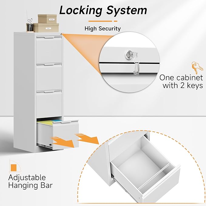 Bestoo 4-Drawer File Cabinet with Lock, Metal Filing Cabinet for Home Office, Vertical Filing Storage Cabinets, Fits File Folders, Letter/Legal/F4/A4 Size, Assembly Required (White)