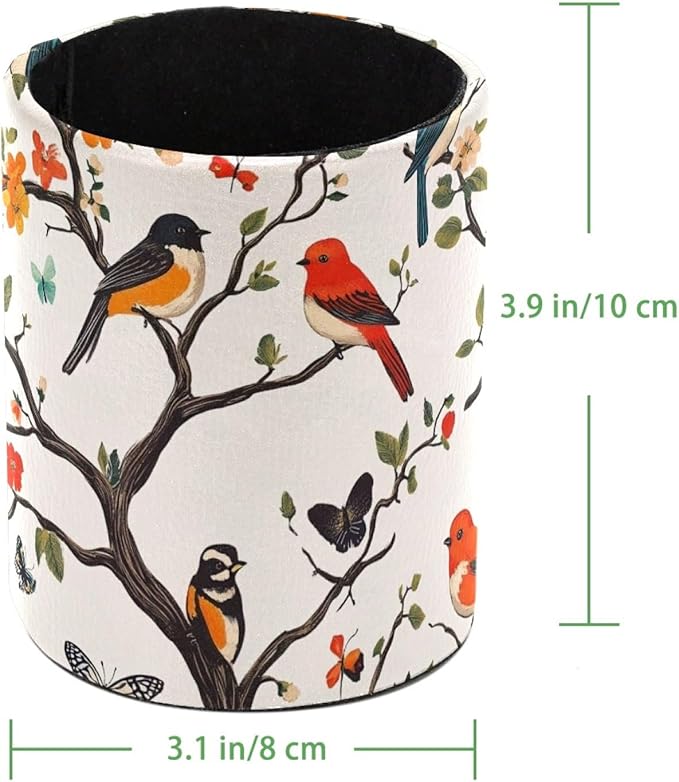 Leather Pen Holder for Desk, Colored Birds Flowers Trees Pencil Cup Desktop Organizer Makeup Brush Holders Office Supplies for Home, Kids & School