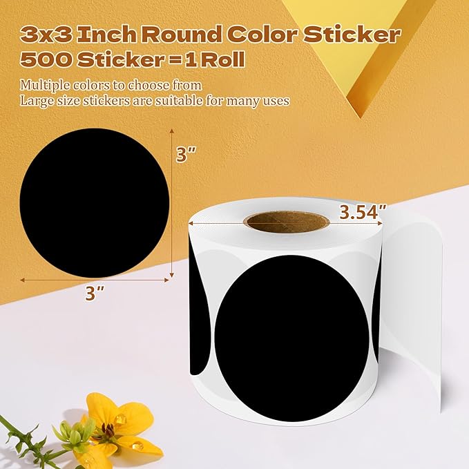3 Inch Round Color Coding Labels (500 per Roll) - Colored Dot Stickers Round Labels for Inventory, Warehouse, Office Organizing - Black Circle Stickers