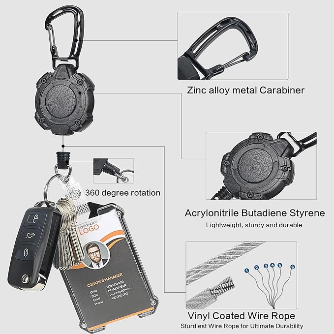 AIDSOTOU Badge Holder Retractable Clip Heavy Duty Carabiner Badge Reel Keychain with Breakaway lanyards for id Badges Cool Tactical ID Cards Holder