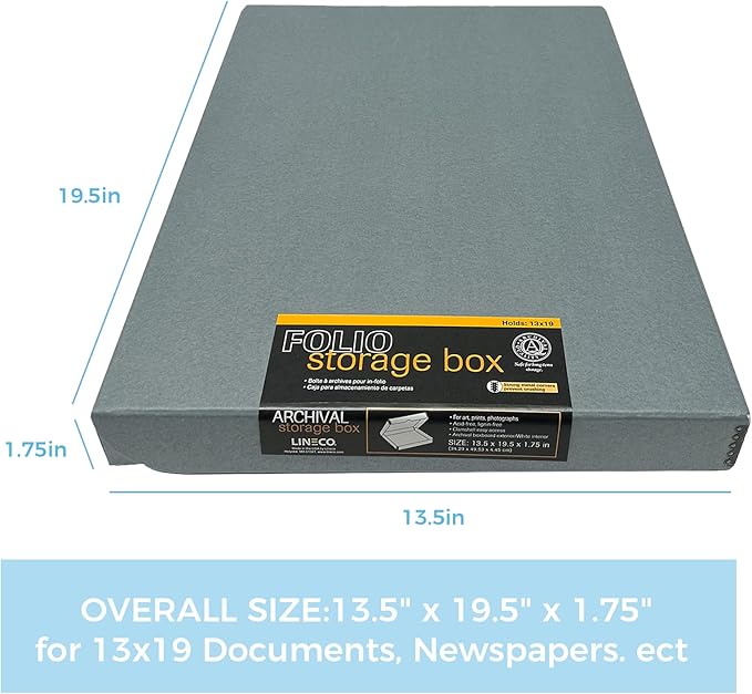 Lineco Folio Storage Box, Clamshell Design with Metal Edge. 13.5x19.5x1.75 Inches, Archival Boxboard, Preserve Photos, Cards, Magazines, Documents, Art, Ephemera, Family Records, Gray, Pack of 1