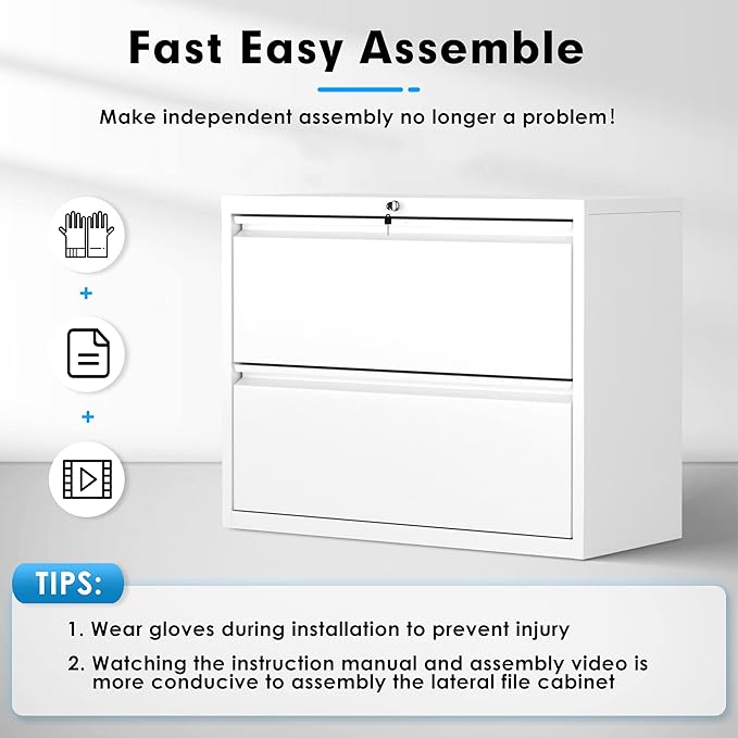 Pataku Lateral File Cabinet, 2 Drawer File Cabinet with Lock, White Filing Cabinets for Home Office, Metal File Cabinet for Hanging Files/Letters/Legal/F4/A4(2Drawer/White)