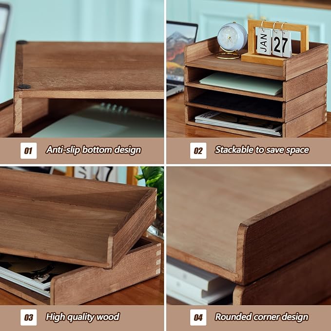 Yeaqee 4 Pcs Stackable Paper Organizer Tray Wood Desk Organizer Letter Tray Desktop Letter Size Office Wooden Desk Shelf Paper Holder Folder Organization Rack for Mail File Document(Dark Wood Color)