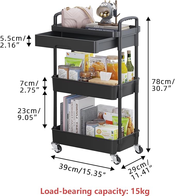 Calmootey 3-Tier Rolling Utility Cart with Drawer,Multifunctional Storage Organizer with Plastic Shelf & Metal Wheels,Storage Cart for Kitchen,Bathroom,Living Room,Office,Black