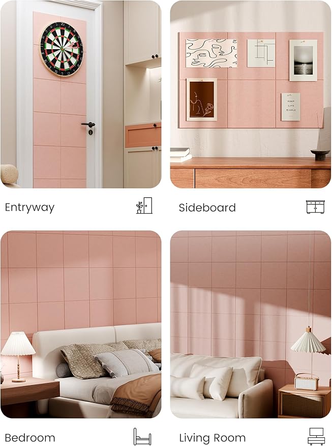 Bumusty Large Cork Board 36"x24" Alternative - 6 Pack Felt Wall Tiles with 40 Safe Removable Adhesive Tabs, 30 Pushpins, Cork Boards for Walls Pin Board Bulletin Board Office Decor (Pink)