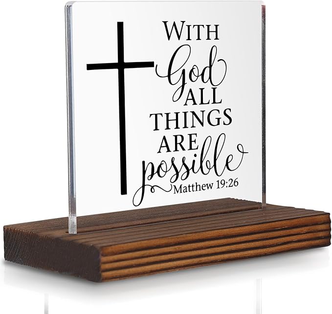 Matthew 19:26 Desk Sign, Christian Bible Verse Decor With God All Things Are Possible Gift for Women Men, Inspirational Faith Plaque for Office, Birthday, Baptism, Retirement, Christmas PA131