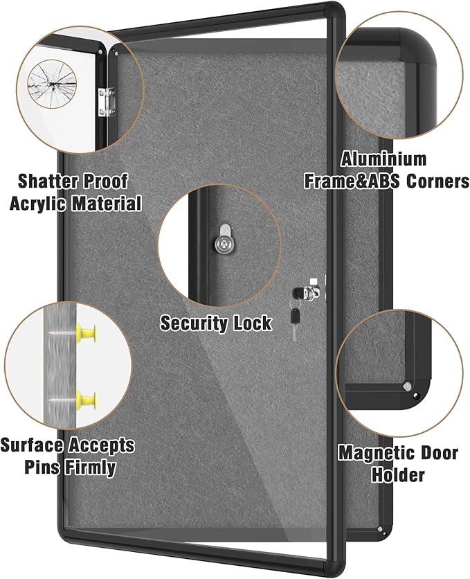 Mifuro 36"x24" Enclosed Bulletin Board, Lockable Weather-Resistant Aluminum Cork Noticeboard for School & Office, Black Frame w/Grey Flet