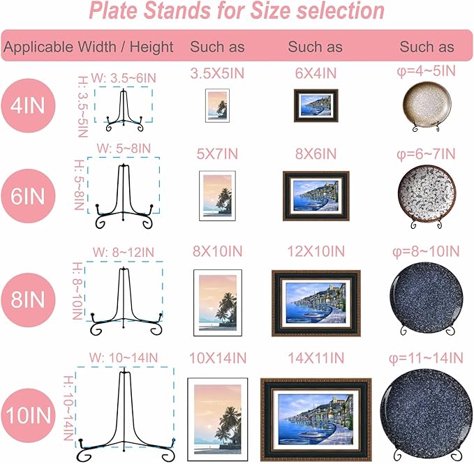 HENABLE 8PCS Premium Black Iron Plate Stands for Display 4 Inch, Decorative Solid Metal Plate Holders for Displaying, Mini Easel, Frame, Book, Card, Plaque, Bowl, Picture Stands for Display