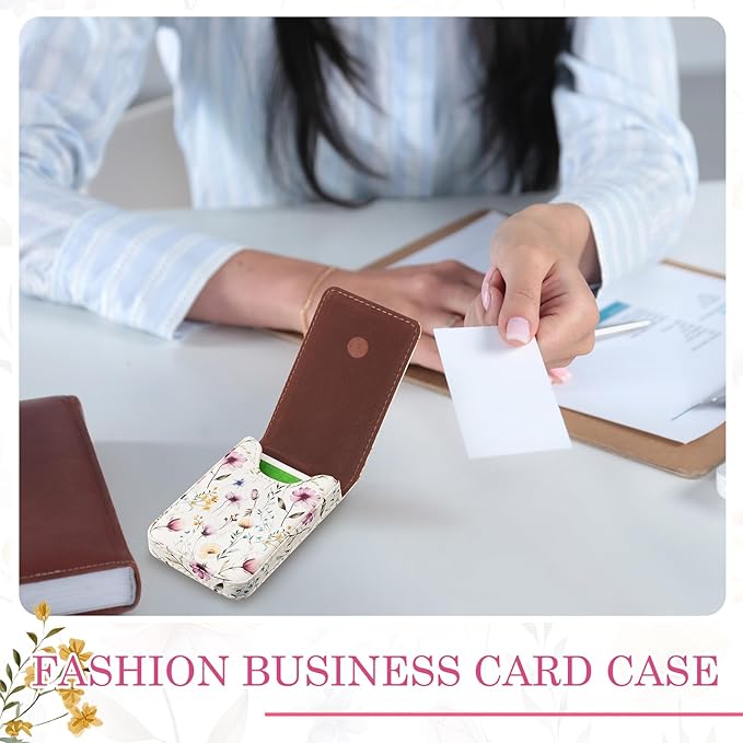 Outus 2 Pieces Business Card Holder, PU Leather Business Card Case Pocket Wallet with Magnetic Shut for Valentines Gift Men Women(Pink and White,Floral)