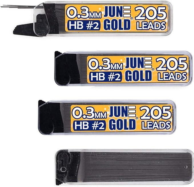 June Gold 820 Pieces, 0.3 mm HB #2 Lead Refills, 205 Pieces Per Dispenser, Extra Fine Thickness, Break Resistant Lead/Graphite (Pack of 4 Dispensers)