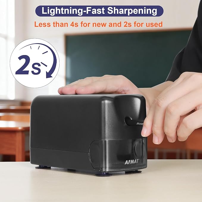AFMAT Electric Pencil Sharpener, Cordless & Rechargeable, Heavy Duty Classroom Pencil Sharpeners for 6-11mm Pencils, Auto Stop, 2s Fast Sharpening, Battery Powered, 10,000 Sharpenings, PSD3