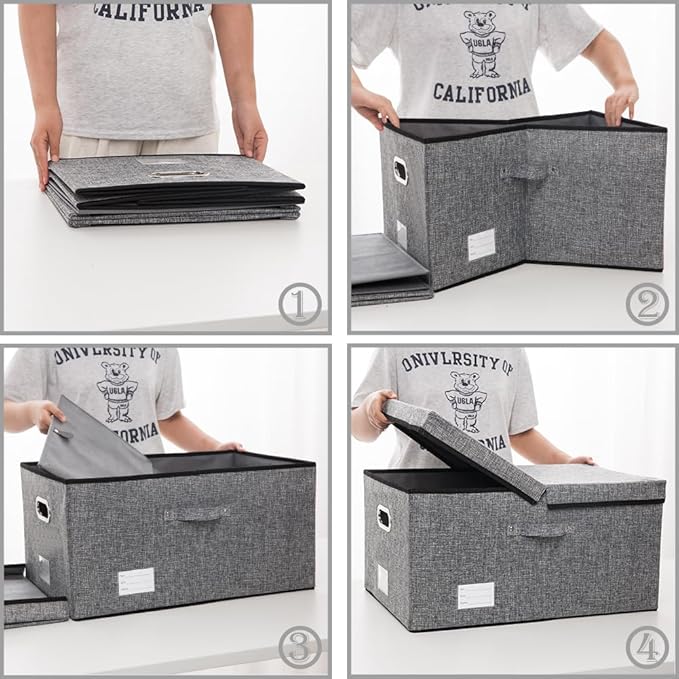 PRANDOM Storage Bins with Lids [3-Pack] Linen Fabric Foldable Storage Boxes Organizer Containers Baskets Cube with Cover for Bedroom Closet Office Grey(23.4X15.9X11.4)