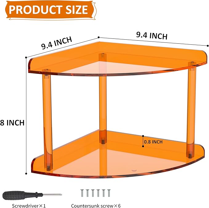 Sezanrpt 2 Tier Acrylic Corner Shelf Organizer Storage 9.5x9.5x8 Inch, Orange Countertop Corner Shelf for Bathroom, Kitchen, Bedroom, Office, Study Room