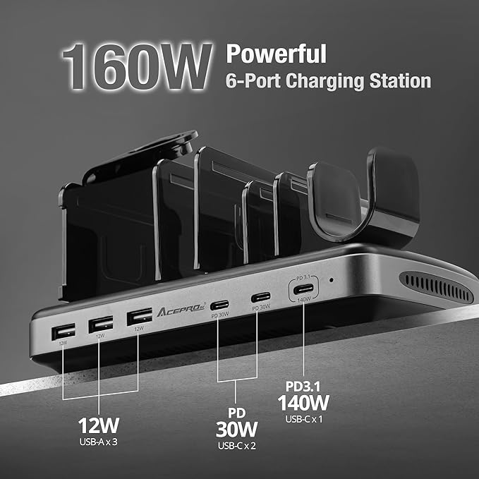 AceProAV 160W 6-Port USB-C and USB-A Charging Station Organizer with 140W PD 3.1 – Includes Cables – for MacBook, iPhone, iPad, AirPods, Smartphones, Tablets, and Gaming Devices
