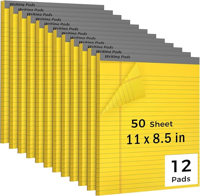 12pcs Legal Pads, Perforated Wide Ruled Writing Pad, Wide Ruled Legal Notepads, Lined Pads of Paper, Yellow paper Pads for office, school and daily notes(600 Sheets) (12, 8.5 x 11, Legal (8.5 x 11 inches))
