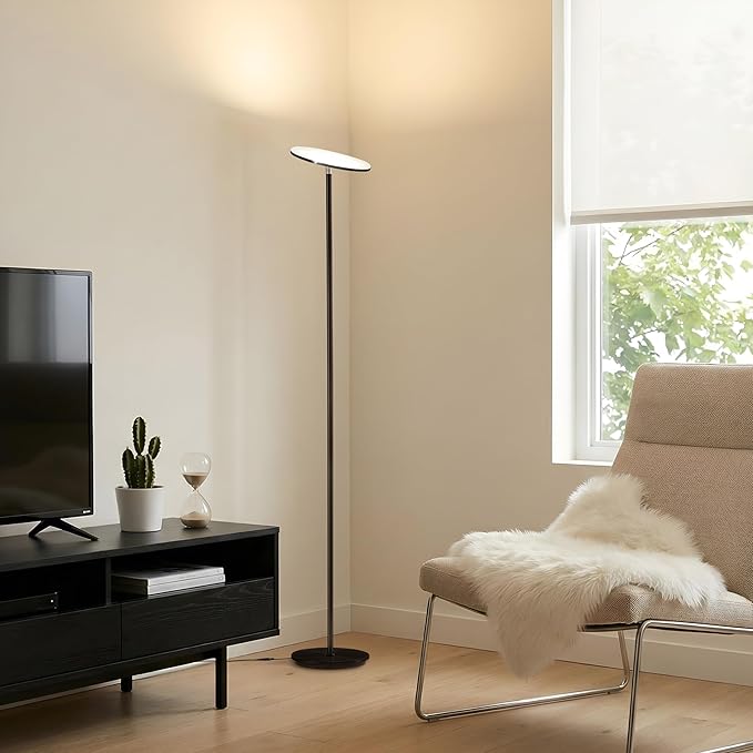 Brightech Sky LED Floor lamp, Torchiere Super Bright Floor Lamp for Living Room Decor & Office - Dimmable, Tall Standing Torch Lamp with Warm Light for Bedroom & Reading - Black