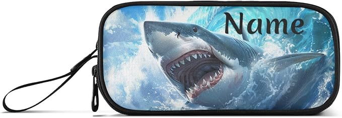 BOENLE Custom Shark Blue Ocean Wave Pencil Case Box Boys Girls Personalized Name Large Pencil Pouch Stationery Pen Bag Organizer for Kids Adults School Office