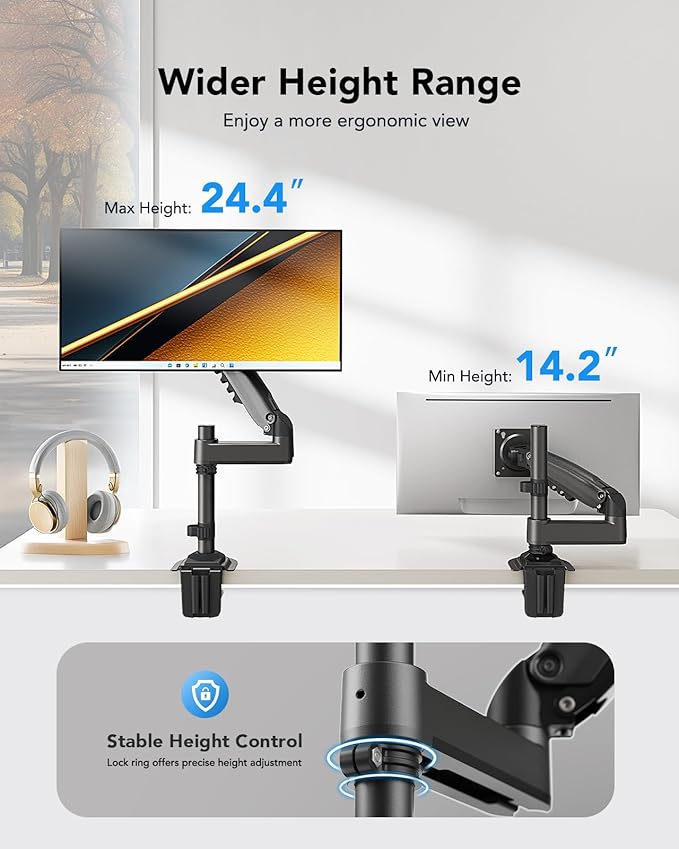 HUANUO Single Monitor Arm for 13-32 inch Screens,Holds 19.8lb,Adjustable Monitor Stand with Clamp and Grommet Base,Vesa 75x75mm/100x100mm Compatibility (Black)