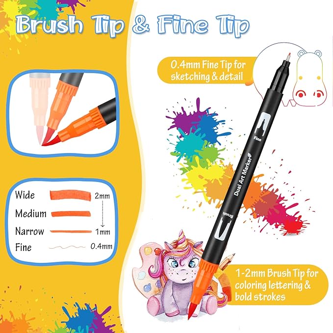 Mzh Art Coloring Pens,72 Dual Tip Brush Markers with Fineliner & Brush Felt Tip Pens Set, Art Watercolour Marker with Case for Adults Kids Colouring Calligraphy Drawing Sketching