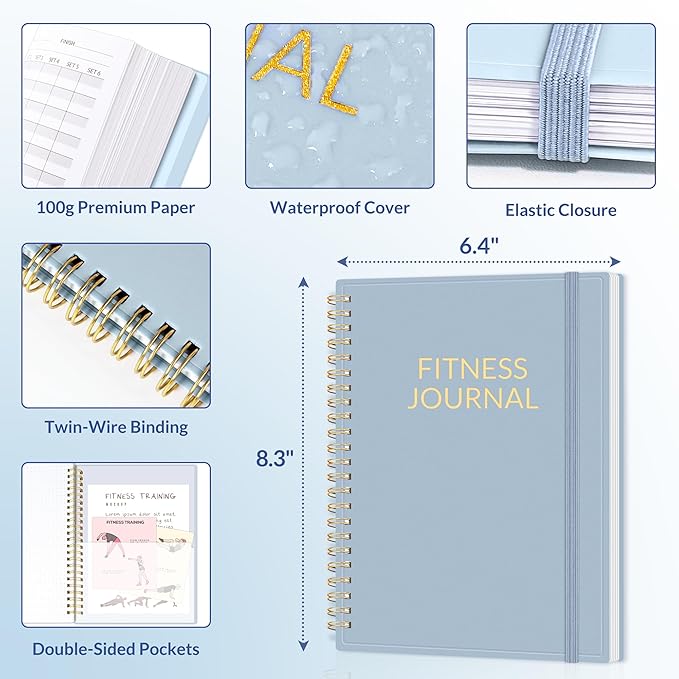 Fitness Journal Workout Planner for Women & Men, A5 (6.4" x 8.3") Workout Journal Log Book Planner Gift for Track Gym Essentials, Home Workouts, Track Progress, Achieve Wellness Goals, Grey Blue