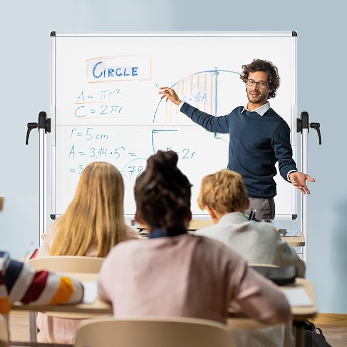 VIZ-PRO Double-Sided Mobile Whiteboard, 48 x 48 Inches, Magnetic Rolling Dry Erase White Board on Wheels with Aluminium Frame and Stand 4' x 4'