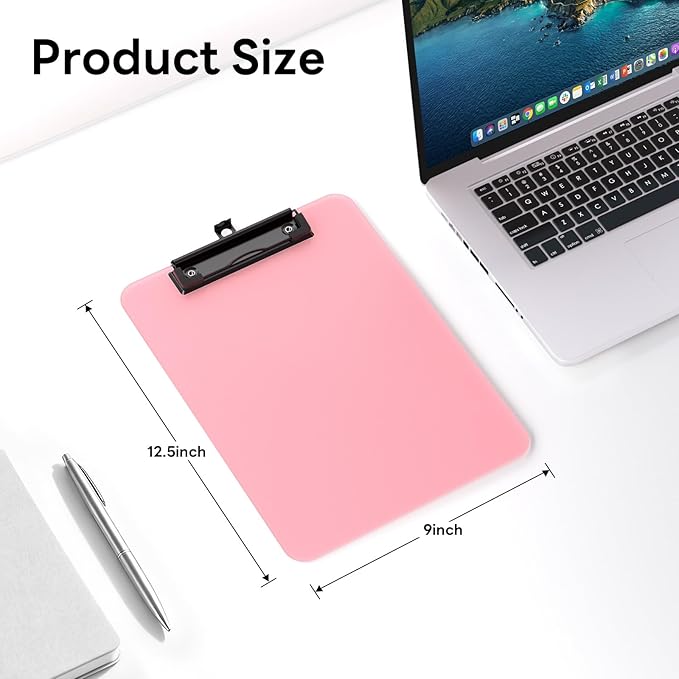 Zoenley A4 Plastic Clipboard Set of 12, Pink 12.5 x 9 Letter Size for Classroom, Students, Teacher, Nurse, A4 Clear 8.5 x 11 Clip Board with Low Profile Black Clip, Office & School Supplies
