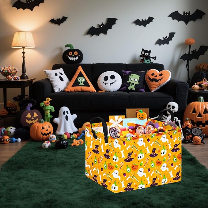 FUULOXE Halloween Empty Storage Basket with Handles Open Gifts&Candy Spooky Basket stuffers for Kids Baby Collapsible Women Organizer Bins Toys Boxes for Shelves Home Office