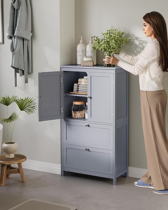 VASAGLE Floor Storage Cabinet, Freestanding Storage Unit with 2 Drawers and 2 Doors, Adjustable Shelf, 11.8 x 23.6 x 43.3 Inches, for Entryway, Bathroom, Dove Gray UBBC551G02