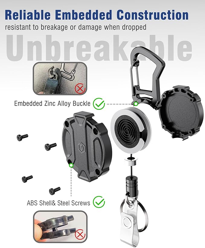 Autonomier 1Pack Heavy Duty Retractable Keychain, Unbreakable Embedded Body with 30.5" Dyneema Cord, Tactical ID Badge Holder Reel Carabiner Clip with Secure Magnetic Closure for Men, Holds 25oz