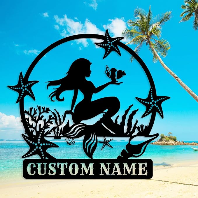Custom Mermaid Metal Sign, Personalized Name, Wall Decor, Beach Theme, Girls Room Decor, Metal Wall Art (Style-5)