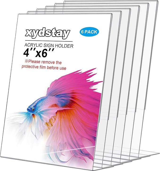 xydstay 6pack Acrylic Sign Holder 4x6 for Picture Frames, L Shape Clear Plastic, Plastic Sign Holder,Menu Holder, Unbreakable Table Sign Holder for Restaurant, Office, School, Store and Home Use