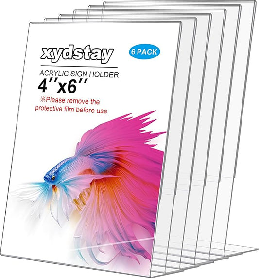 xydstay 6pack Acrylic Sign Holder 4x6 for Picture Frames, L Shape Clear Plastic, Plastic Sign Holder,Menu Holder, Unbreakable Table Sign Holder for Restaurant, Office, School, Store and Home Use