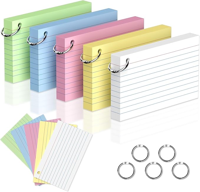 250 Count 3 x 5 Inch Colored Index Cards, Ruled Note Cards with Ring, Lined Flash Cards for Office Supply, Portable Note Taking Study Flashcards for Home and School