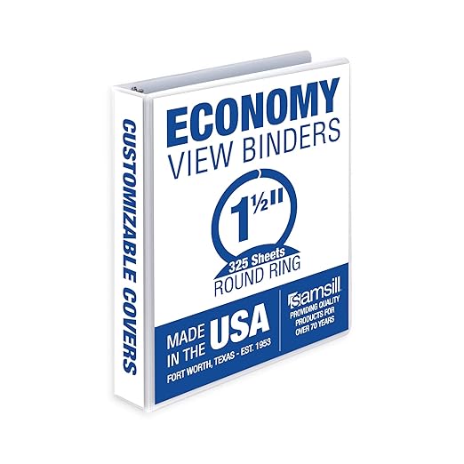 Samsill 1.5 Inch 3 Ring Binder, Made in USA, Economy Round Ring, Clear View Cover, 325 Sheet Capacity - for School, Home, Office - White