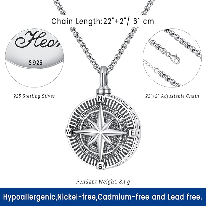 Compass Necklace for Women Men 925 Sterling Silver Pendant Urn Necklaces for Ashes Picture Locket Necklace Anchor Necklace Viking Necklace Crystals CZ Moonstone Abalone Shell Turquoise Compass Jewelry