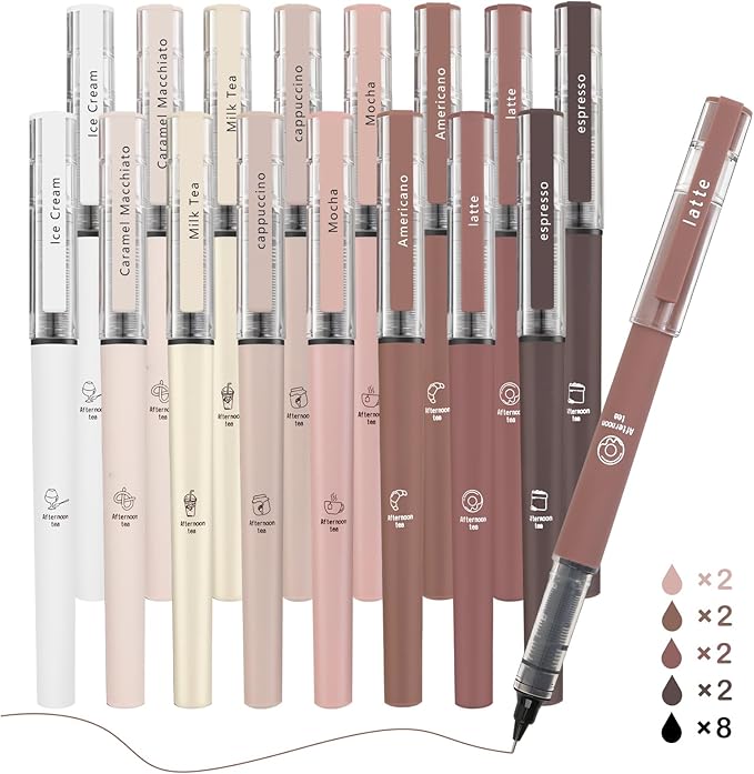 FUNFULL 16pcs Quick Dry Coffee Ink Rollerball Pens, 0.5mm Fine Point Colored Ink Gel Rubber Finish Smooth Writing Pens, Gifts for Women, Students, Teachers, Employees
