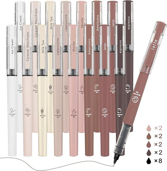 FUNFULL 16pcs Quick Dry Coffee Ink Rollerball Pens, 0.5mm Fine Point Colored Ink Gel Rubber Finish Smooth Writing Pens, Gifts for Women, Students, Teachers, Employees