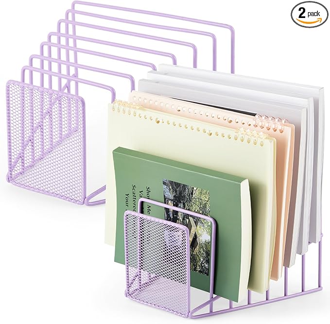 2 Pcs 7 Section Incline File Sorter Metal Wire Mesh File Rack for Desktop Letter Sorter for Magazine Folder Book Organizer Home Office School Paper Mail Desk Storage Holder (Purple)