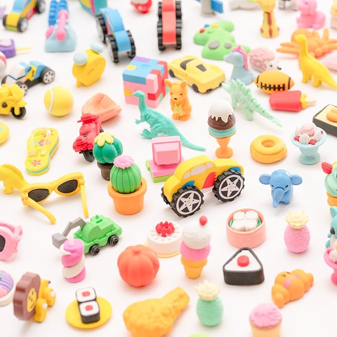 CLOCK KING 110pcs 3D Cute Kids Erasers, Random Desktop Pet Toys Gifts, Classroom Rewards Kids Party Gifts, Various Styles Such as Animals, Food, Plants, Space, Princess, Sports, Halloween, Christmas