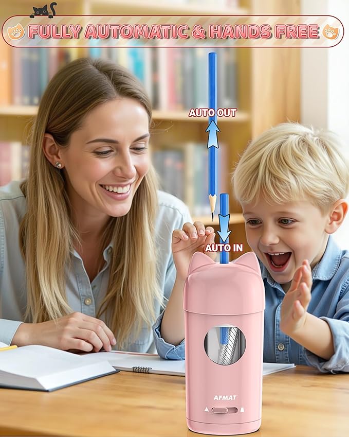 AFMAT Electric Pencil Sharpener, Pencil Sharpener for Classroom, Auto in & Out, Fully Automatic for φ7-8mm Pencils, Rechargeable & Cordless, Kids Pencil Sharpeners for Classroom Home School PSX9