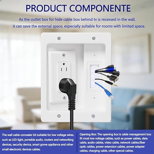 Wall Cable Concealer Management Kit, Recessed Outlet Behind TV for Wall Mount TV with Cable Management Box, in Wall TV Connection Kit Hides Power Cables & Low Voltage Wires Fits All Plugs (NO Wire)