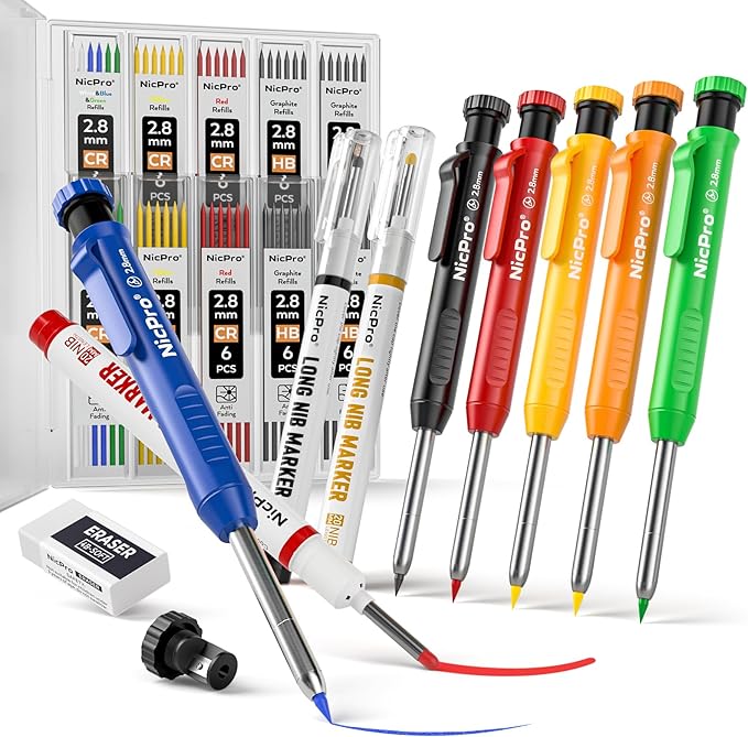 Nicpro 6 Pack CP1000 Carpenter Pencils with Sharpener, Mechanical Pencil Set with 66 Refills, Deep Hole Long Nib Marker Pens, Heavy Duty Woodworking Tools Construction Pencil for Architect Marking