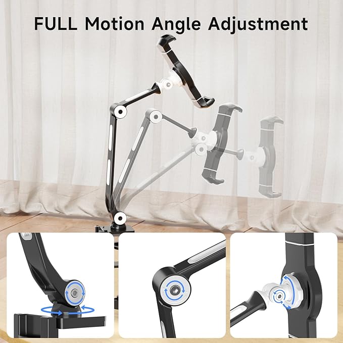 suptek Aluminum Alloy Cell Phone Desk Mount Stand 360° Tablet Stand and Holders Adjustable for iPad, iPhone, Samsung, Asus and More 4.7-11 inch Devices, Good for Bed, Kitchen, Office (YF208B)